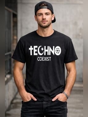 Techno Coexist Black Graphic T-Shirt – Minimalist Streetwear Tee